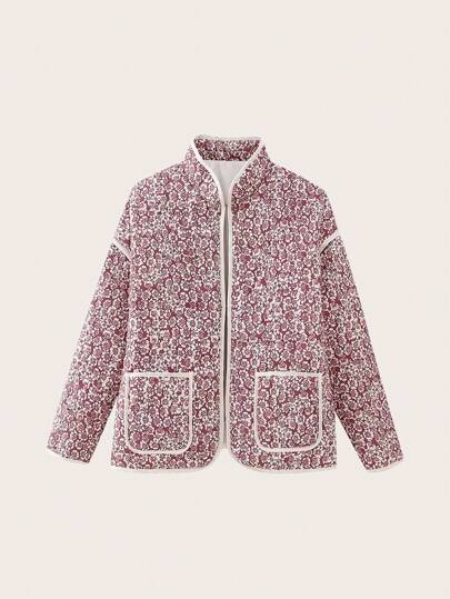 Women's Floral Print Stand Collar Long Sleeve Padded Coat