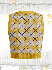 Harry Potter | ROMWE 女士argyle圖案拼接毛衣背心 - 黃色 - 查看 2