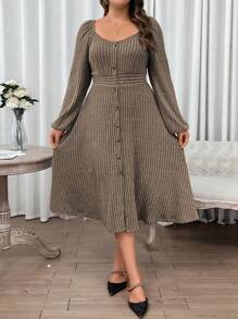 SHEIN Franclia 女款大尺碼羅紋雞心領燈籠袖連身裙 - 咖啡棕 - 查看 4