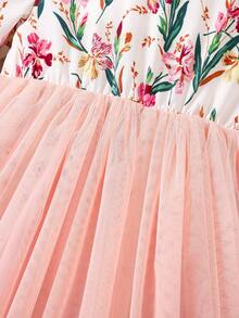 SHEIN 女孩休閒可愛荷葉邊長袖圓領泡泡裙,時尚花卉印花布拼接公主裙,兒童春秋裝 - 彩色 - 查看 6