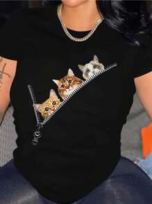 SHEIN 女式猫咪印花短袖 T 恤 图案 T 恤 女式上衣 - 黑色 - 查看 1