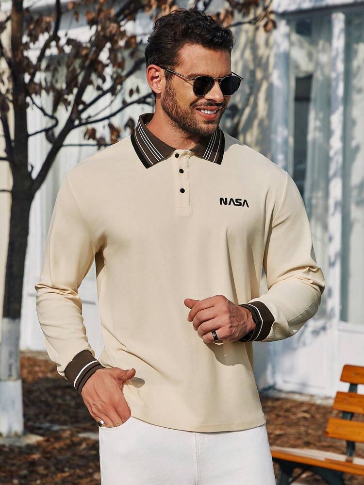 Men's Plus Size Letter Print Contrast Striped Polo Shirt