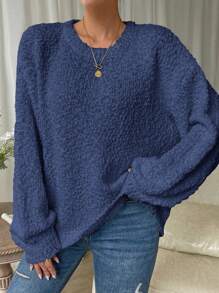 SHEIN LUNE 女士純色下垂肩毛衣 - 藏蓝色 - 查看 5