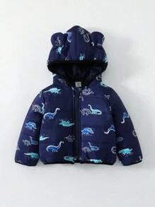 女嬰恐龍印花 3d 耳朵連帽襯墊外套 - 藏蓝色 - 查看 1