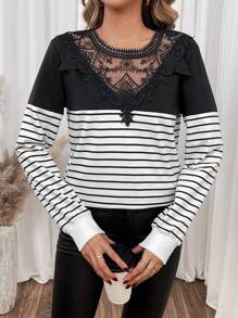 SHEIN Frenchy Women's Striped Lace Patchwork Sweatshirt Winter Casual