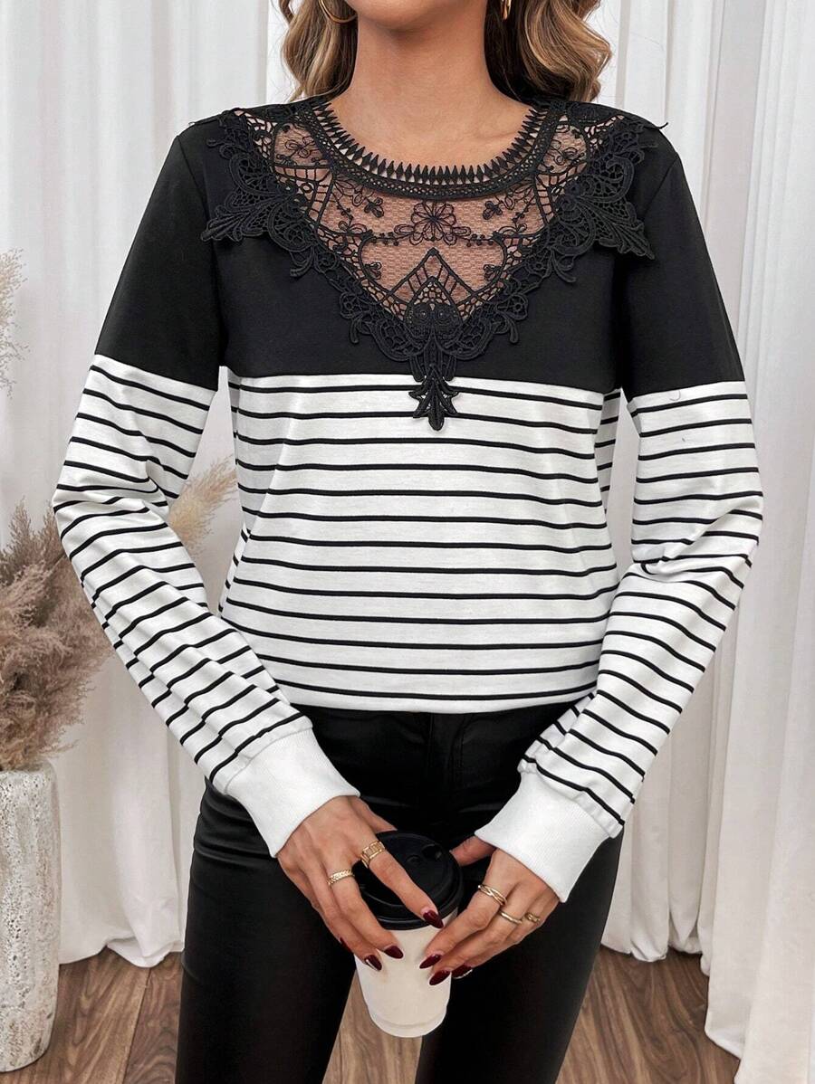 SHEIN Frenchy Women's Striped Lace Patchwork Sweatshirt Winter Casual