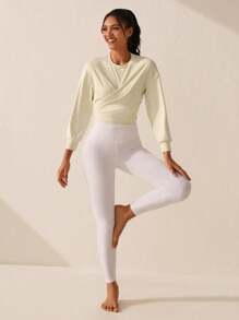 SHEIN Sports Women's Solid Color Round Neck Wrap Front Pleated Athletic Sweatshirt - Apricot - View 5