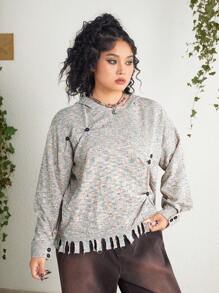 ROMWE PUNK Plus Size Marble Knit Button Decorated Sweater - Multicolor - View 4