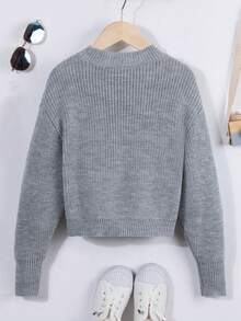 SHEIN Áo len dài tay màu trơn cho bé gái tuổi teen, kiểu dáng thường ngày dễ phối đồ. - Xám - Xem 2