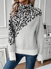 SHEIN LUNE Của phụ nữ In hoa Báo Cổ áo cao Áo len - Màu be - Xem 3