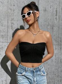 SHEIN Unity 女士無肩帶針織上衣 - 黑色 - 查看 6