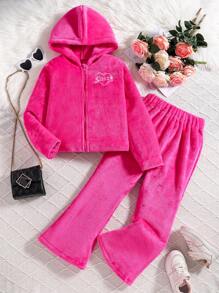 SHEIN 青少女連帽抓毛毛衣和印花運動長褲套裝 - 玫紅色 - 查看 1