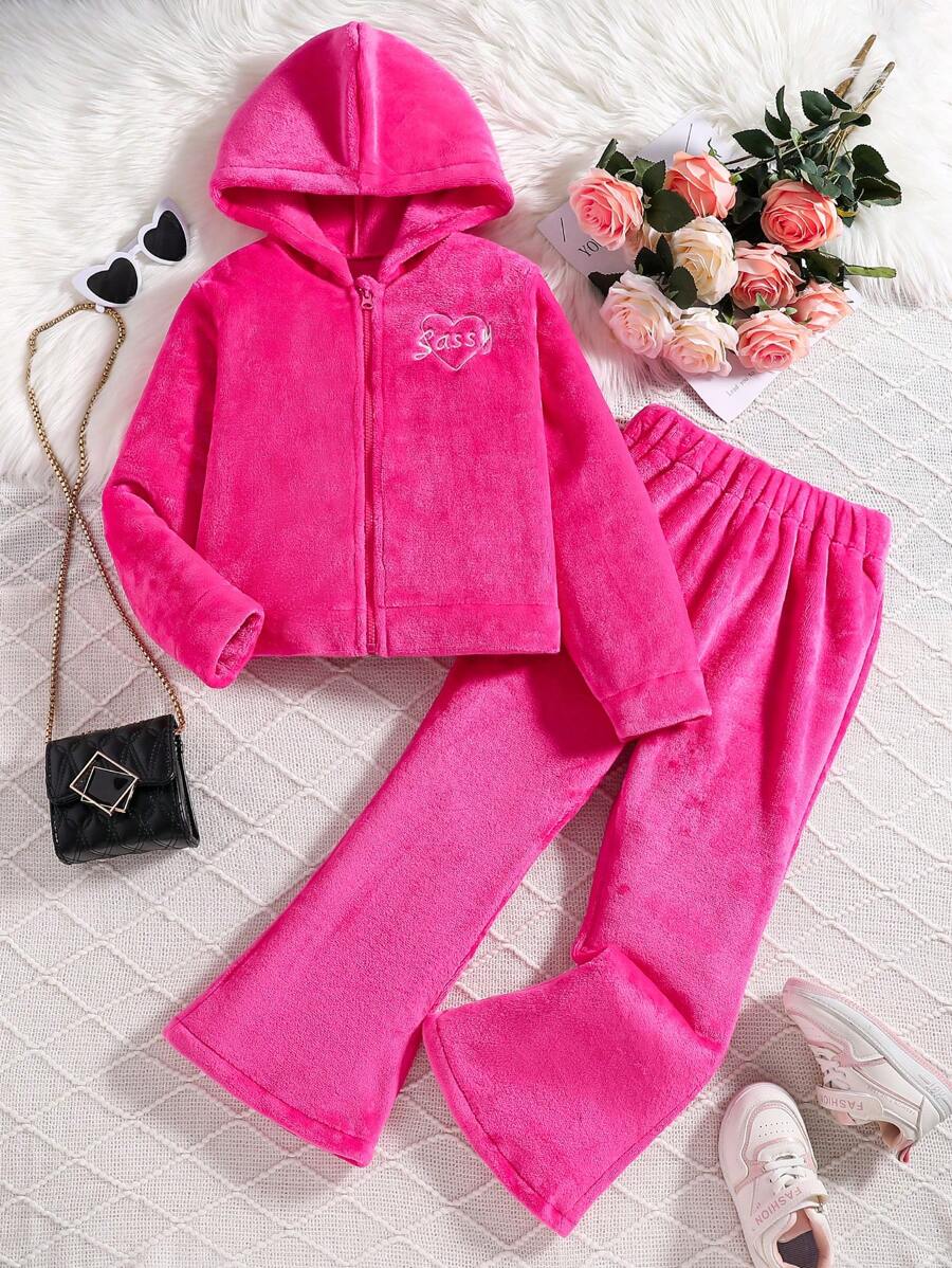 SHEIN 青少女連帽抓毛毛衣和印花運動長褲套裝 - 玫紅色 - 查看 1