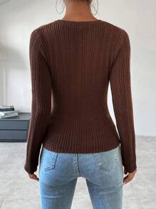 SHEIN LUNE 纯色纽扣半开领针织套头衫秋冬毛衣 - 棕色 - 查看 2