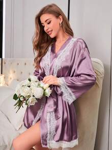 女士拼接蕾絲緞面浴衣 - 淺灰紫 - 查看 4