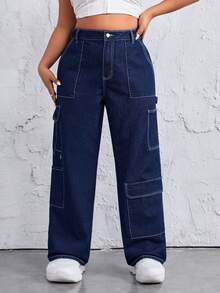 SHEIN ICON 女士深藍色高腰寬鬆牛仔褲,配有大口袋 - 藍色 - 查看 5