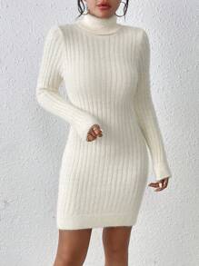 SHEIN Frenchy 高領長袖毛衣連衣裙 - 米色 - 查看 5