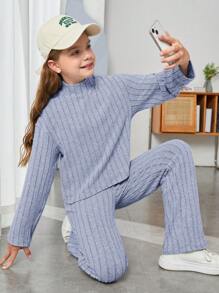 SHEIN 少女鈕釦純色針織立領寬鬆t恤和寬腿褲套裝 - 淺藍色 - 查看 1