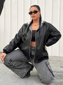 SHEIN EZwear Women's Plus Size Hooded Zipper Up Warm Jacket - Multicolor - View 1