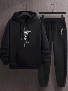 Manfinity Homme Nam Mẫu chữ Dây rút Hoodie Và Quần thể thao Hai chiếc Bộ - màu đen - Xem 2