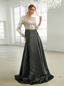 Missord Váy dạ hội đính sequin hoa màu đen thanh lịch dài tay trang trọng cho tiệc cưới, dự tiệc tốt nghiệp, tiệc tối - màu đen - Xem 1