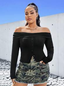 SHEIN EZwear Women's Plus Size Off-shoulder Ribbed T-shirt - Black - View 3