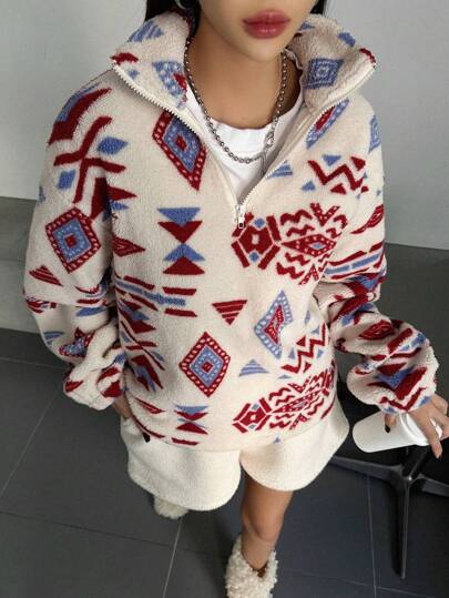 DAZY Sudadera con cremallera y media cartera con patrón geométrico para mujer, forrada térmicamente para otoño e invierno