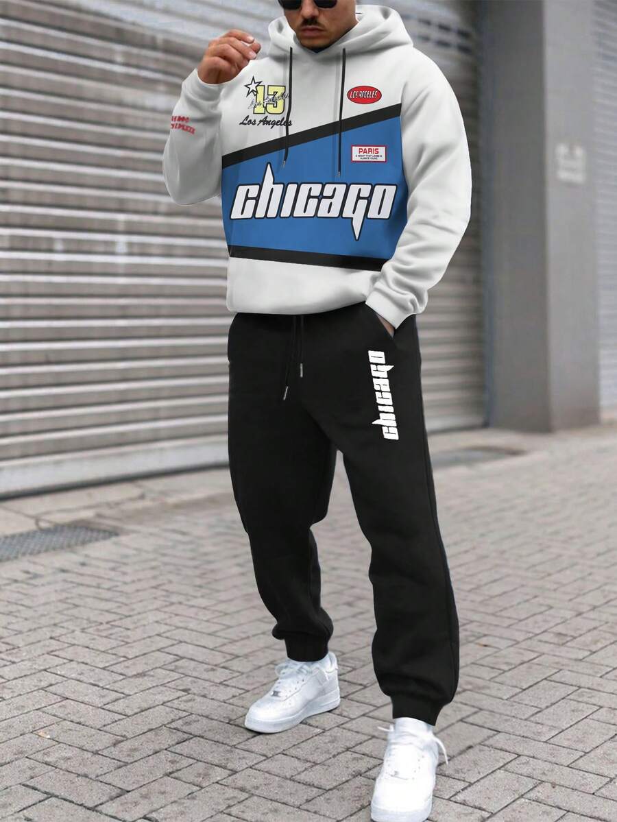 Manfinity LEGND Men's Color Block Hooded Sweatshirt And Sweatpants Set With Drawstring - White - View 1