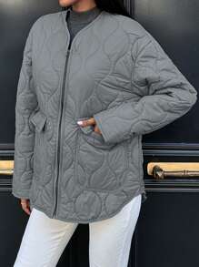 EURMUSE Drop Shoulder Zipper Quilted Coat - Grey - View 4
