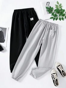 SHEIN 女童純色彈性腰長褲,適合青少年穿著 - 彩色 - 查看 2