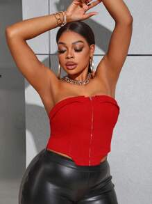 SHEIN SXY Kích thước lớn Denim Áo không dây Đối với phụ nữ , Lễ tạ ơn - Đỏ - Xem 3