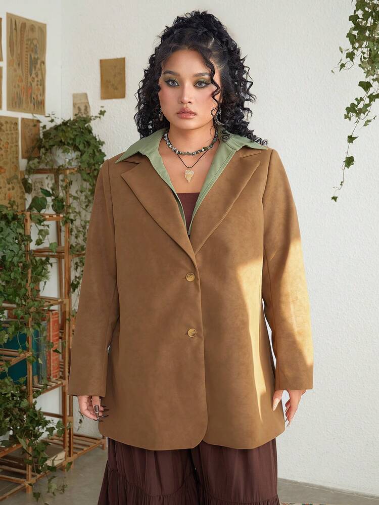 Plus Size Solid Color Coat With Front Button Closure