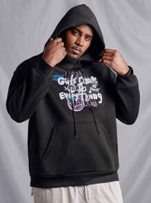 Manfinity LEGND Men's Plus Size Letter Printed Hooded Leisure Sweatshirt With Drawstring - Black - View 6