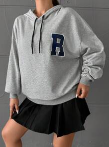 EURMUSE Letter Patched Drop Shoulder Drawstring Hoodie - Grey - View 4