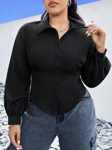 SHEIN EZwear Của phụ nữ Kích thước lớn Chất rắn Có màu sắc Eo Kẹp chặt Áo sơ mi - màu đen - Xem 5