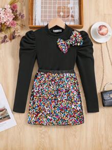 SHEIN Áo Sơ Mi Tay Gigot Cổ Đứng Dệt Chắc Chắn Tween Girl Kèm Bộ Váy Dệt Sáng Bóng, Trang Phục Phù Hợp Với Mẹ Và Tôi - Nhiều màu - Xem 5