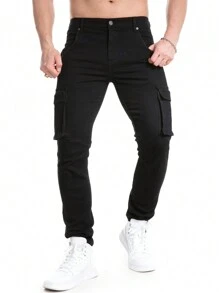 Tegias男裝修身彈力牛仔褲經典牛仔工作褲帶口袋休閒長褲 - 黑色 - 查看 1