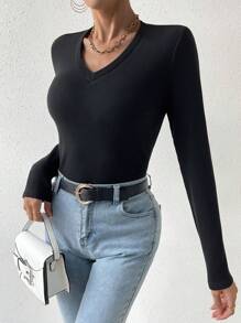 SHEIN Essnce V領長袖保暖內裡t恤 - 黑色 - 查看 7