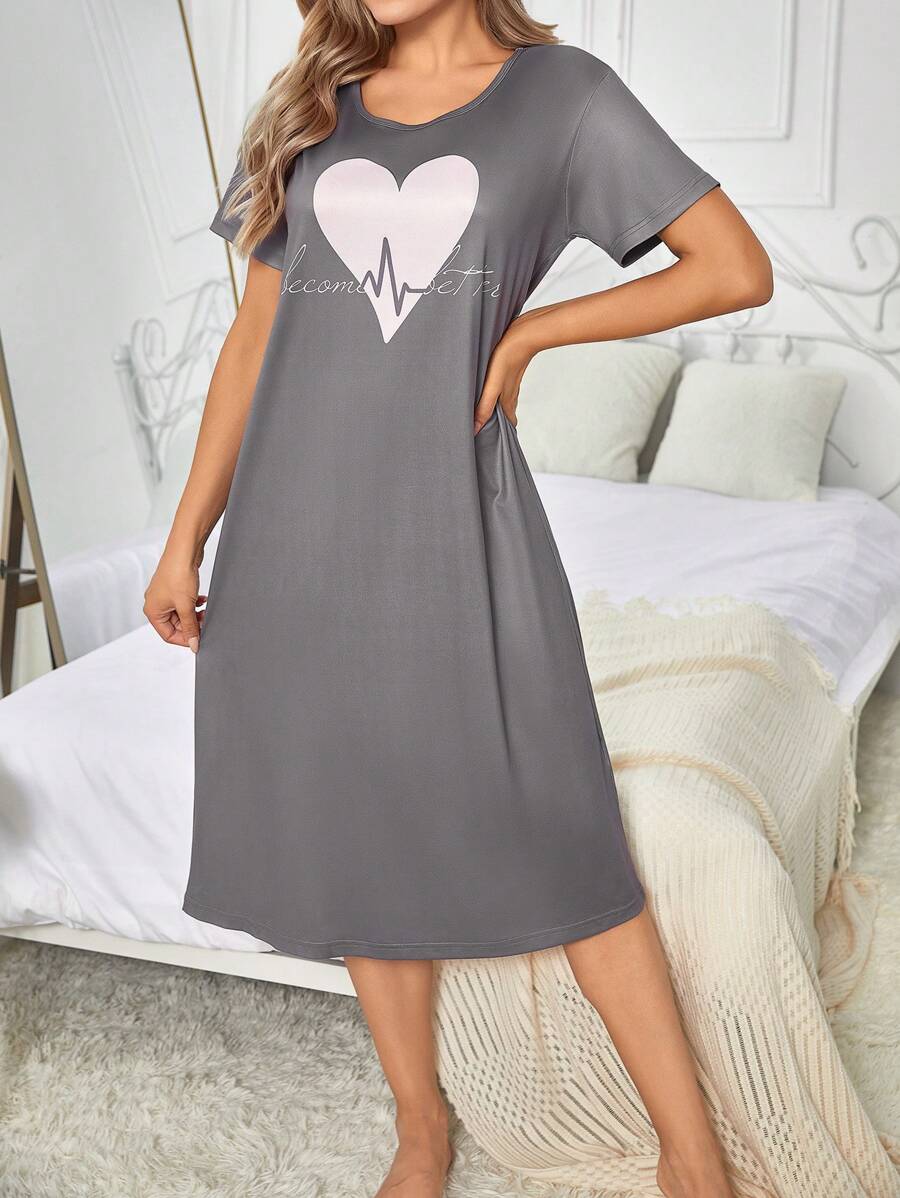 心形印花睡衣 - 灰色 - 查看 1