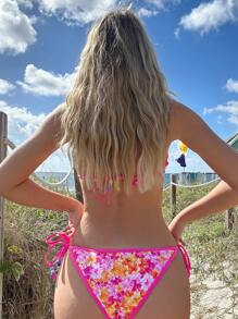Swim Mod Summer Beach Flower Print Frill Detail Two-Piece Bikini Set With Random Print - Hot Pink - View 2