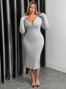 SHEIN SXY Women's Plus Size Solid Color Zipper Half Placket Hooded Bodycon Dress - Grey - View 1