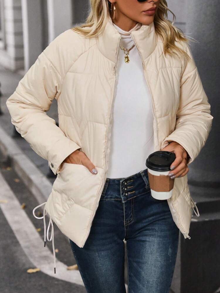 Solid Color Stand Collar Padded Padded Coat Clothes Winter With Drawstring Detail On Side