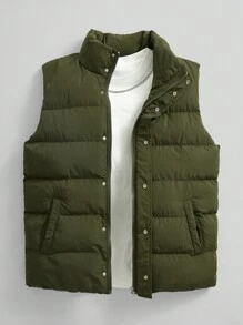 Manfinity Homme Men's Loose Puffer Vest Coat With Slant Zipper Pockets - Army Green - View 1