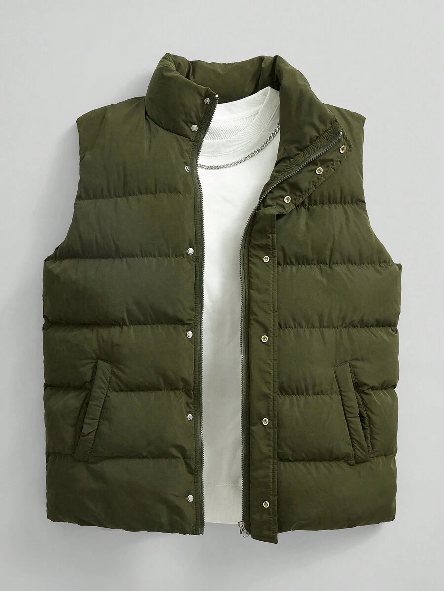 Manfinity Homme Men's Loose Puffer Vest Coat With Slant Zipper Pockets - Army Green - View 1