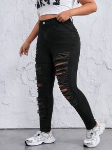 SHEIN ICON 大尺碼女士金屬鈕扣破洞牛仔褲 - 黑色 - 查看 4