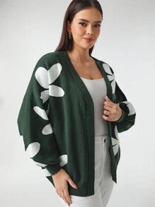 Mindsi Designer Plus Floral Flower Pattern Drop Shoulder Cardigan, Fall, For Autumn & Winter, For Holiday, Vacation, Valentine's Day, Festival - Multicolor - View 5