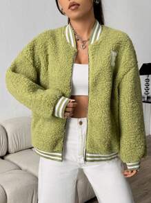 SHEIN Unity 文本和圖案圖形棒球夾克 - 綠色 - 查看 3