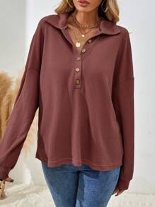 EMERY ROSE Solid Color Half-Breasted Drop Shoulder T-Shirt - Redwood - View 5