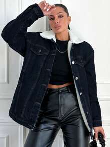 EURMUSE Borg Collar Drop Shoulder Flap Detail Denim Coat - Dark Wash - View 3