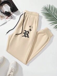 SHEIN Unity Ladies' Drawstring Waist & Cuffed Hem Casual Jogger Pants With Letter Print - Apricot - View 1